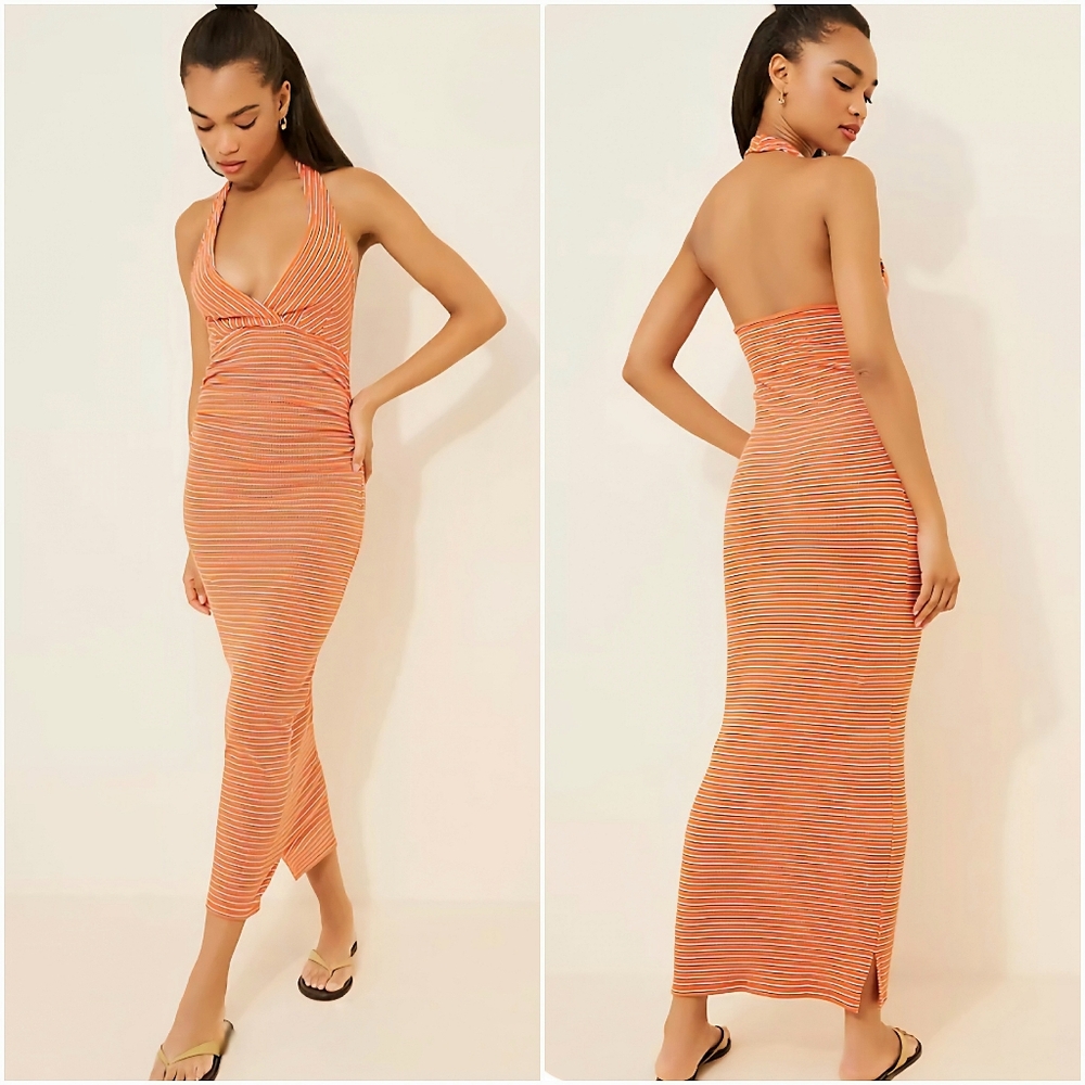 Anthropologie Pilcro High Tide Halter Dress Slim Midi Size Large NWT